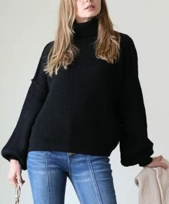 42POPS | Black Oversize Drop-Shoulder Bishop-Sleeve Turtleneck Sweater - Women