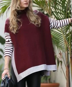 42POPS | Dark Burgundy Stripe Contrast Mock Neck Hi-Low Sweater - Women