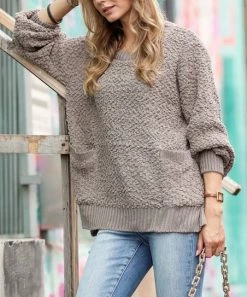42POPS | Ash Mocha Popcorn Oversize Side-Slit Hi-Low Pocket Sweater - Women