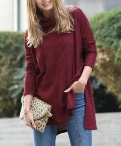 42POPS | Dark Burgundy Side-Slit Cowl Neck Hi-Low Sweater - Women