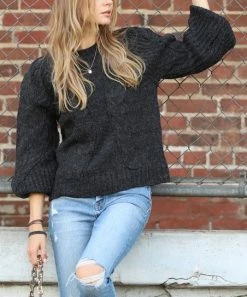 42POPS | Charcoal Cable-Knit Crewneck Balloon-Sleeve Sweater - Women