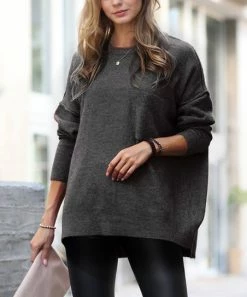 42POPS | Charcoal Crewneck Drop-Shoulder Hi-Low Pocket Sweater - Women