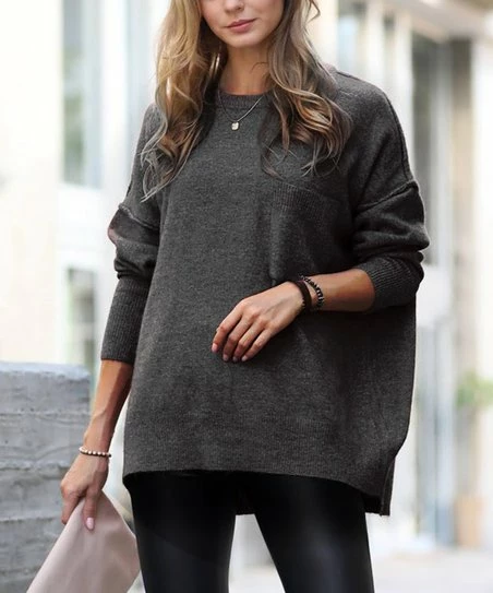 42POPS | Charcoal Crewneck Drop-Shoulder Hi-Low Pocket Sweater - Women