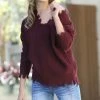 42POPS | Dark Burgundy Distressed Drop-Shoulder V-Neck Oversize Sweater - Women