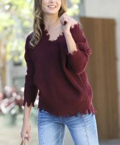 42POPS | Dark Burgundy Distressed Drop-Shoulder V-Neck Oversize Sweater - Women