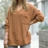 42POPS | Dark Camel Oversize V-Neck Hi-Low Pocket Sweater - Women