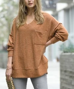 42POPS | Dark Camel Oversize V-Neck Hi-Low Pocket Sweater - Women