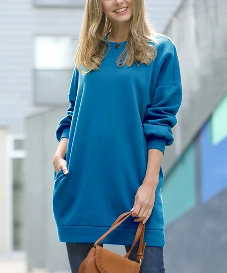 42POPS | Teal Crewneck Long-Sleeve Pocket Oversize Sweatshirt Tunic - Women
