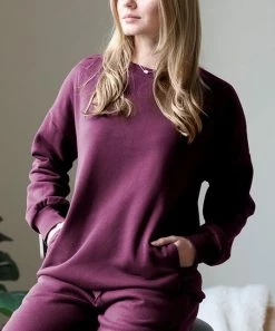 42POPS | Dark Plum Crewneck Long-Sleeve Pocket Sweatshirt - Women