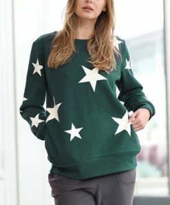 42POPS | Deep Green & Ivory Star Crewneck Long-Sleeve Pocket Sweatshirt - Women