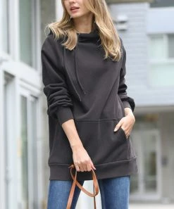 42POPS | Ash Gray Side-Tie Funnel-Neck Long-Sleeve Pocket Hoodie - Women