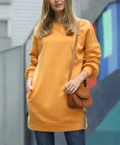 42POPS | Ash Mustard Crewneck Long-Sleeve Pocket Oversize Sweatshirt Tunic - Women