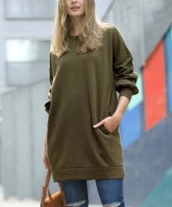 42POPS | Dark Olive Crewneck Long-Sleeve Pocket Oversize Sweatshirt Tunic - Women
