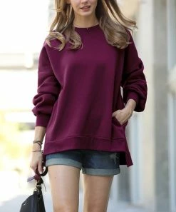 42POPS | Dark Plum Crewneck Long-Sleeve Hi-Low Pocket Sweatshirt - Women