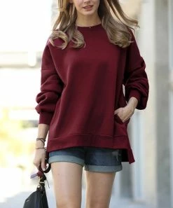42POPS | Dark Burgundy Crewneck Long-Sleeve Hi-Low Pocket Sweatshirt - Women