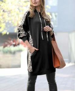 42POPS | Black & Brown Leopard Side-Panel Longline Pocket Hoodie - Women