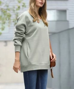 42POPS | Light Sage V-Neck Long-Sleeve Pocket Sweatshirt - Women