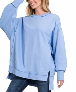 42POPS | Spring Blue Exposed-Seam Crewneck Long-Sleeve Hi-Low Sweatshirt - Women