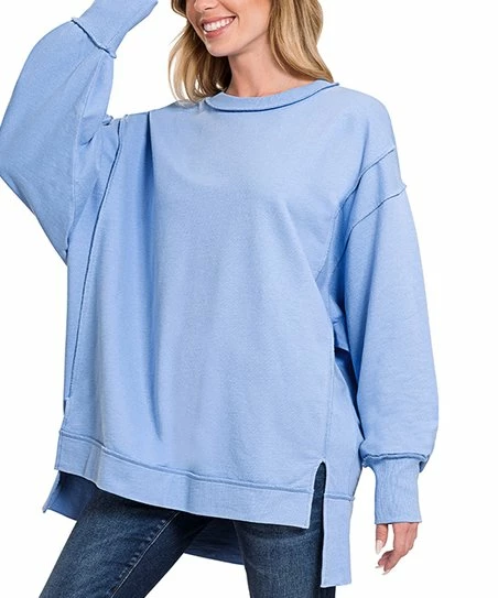 42POPS | Spring Blue Exposed-Seam Crewneck Long-Sleeve Hi-Low Sweatshirt - Women