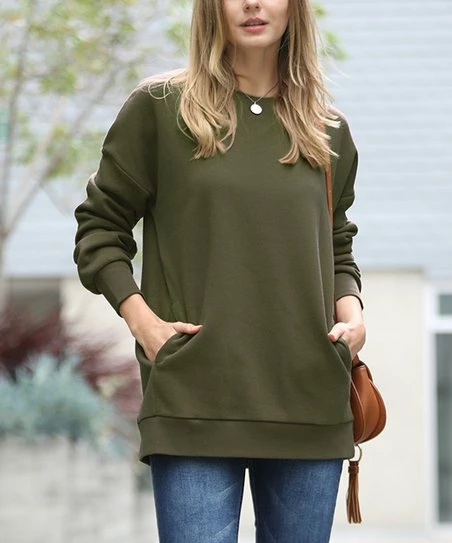 42POPS | Dark Olive Crewneck Long-Sleeve Pocket Sweatshirt - Women