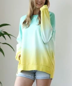 42POPS | Mint & Yellow Ombré Crewneck Long-Sleeve Hi-Low Pocket Sweatshirt - Women