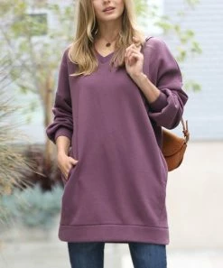 42POPS | Eggplant V-Neck Long-Sleeve Pocket Sweatshirt Dress - Women