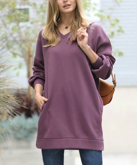 42POPS | Eggplant V-Neck Long-Sleeve Pocket Sweatshirt Dress - Women
