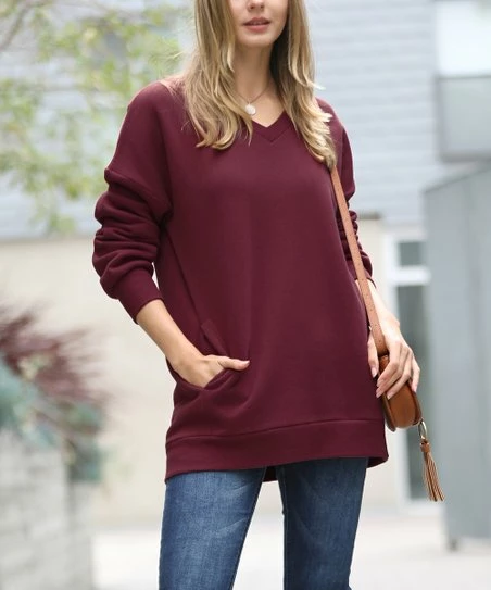 42POPS | Dark Burgundy V-Neck Long-Sleeve Pocket Sweatshirt - Women