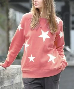 42POPS | Dusty Rose & Ivory Star Crewneck Long-Sleeve Pocket Sweatshirt - Women