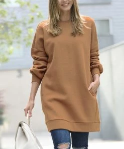 42POPS | Deep Camel Crewneck Long-Sleeve Pocket Oversize Sweatshirt Tunic - Women