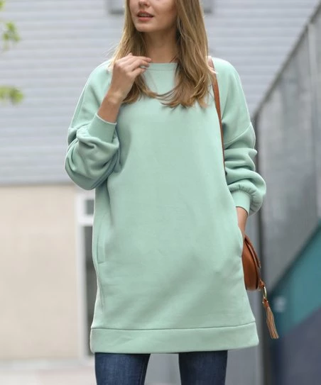 42POPS | Dusty Green Crewneck Long-Sleeve Pocket Oversize Sweatshirt Tunic - Women
