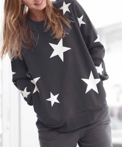42POPS | Ash Gray & Ivory Star Crewneck Long-Sleeve Pocket Sweatshirt - Women