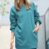 42POPS | Dusty Teal Crewneck Long-Sleeve Pocket Oversize Sweatshirt Tunic - Women
