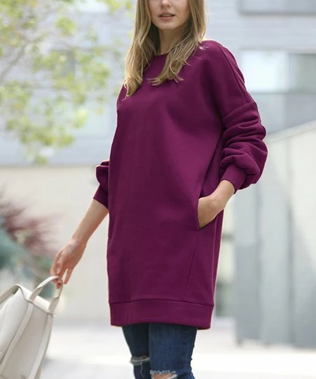 42POPS | Dark Plum Crewneck Long-Sleeve Pocket Oversize Sweatshirt Tunic - Women