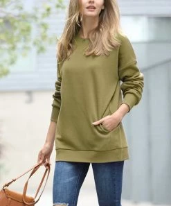 42POPS | Khaki Crewneck Long-Sleeve Pocket Sweatshirt - Women