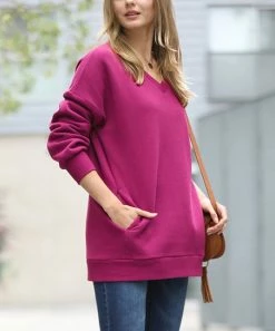 42POPS | Magenta V-Neck Long-Sleeve Pocket Sweatshirt - Women