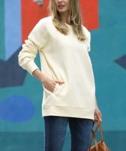 42POPS | Cream Crewneck Long-Sleeve Pocket Sweatshirt - Women