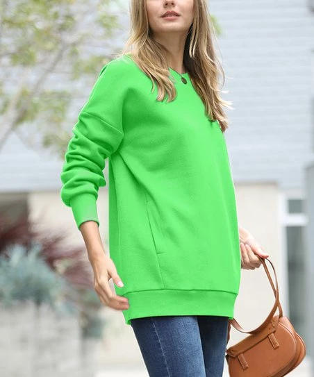 42POPS | Bright Green Crewneck Long-Sleeve Pocket Sweatshirt - Women