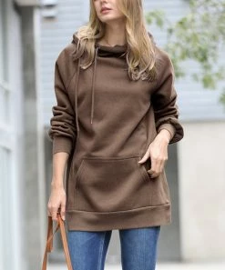 42POPS | Mocha Side-Tie Funnel-Neck Long-Sleeve Pocket Hoodie - Women