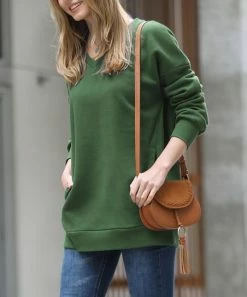 42POPS | Army Green V-Neck Long-Sleeve Pocket Sweatshirt - Women
