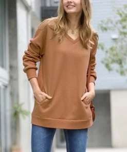 42POPS | Dark Camel V-Neck Long-Sleeve Pocket Sweatshirt - Women