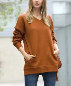 42POPS | Almond V-Neck Long-Sleeve Pocket Sweatshirt - Women