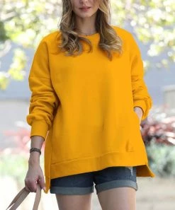 42POPS | Golden Mustard Crewneck Long-Sleeve Hi-Low Pocket Sweatshirt - Women