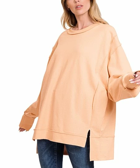 42POPS | Light Peach Exposed-Seam Crewneck Long-Sleeve Hi-Low Sweatshirt - Women