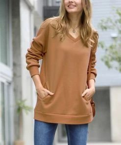 42POPS | Deep Camel V-Neck Long-Sleeve Pocket Sweatshirt - Women