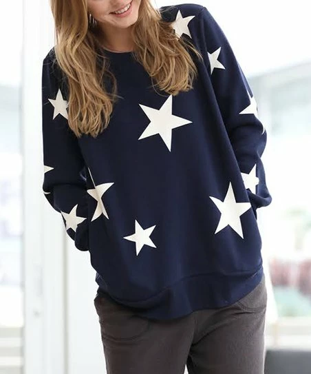 42POPS | Navy & Ivory Star Crewneck Long-Sleeve Pocket Sweatshirt - Women