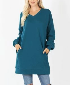 42POPS | Teal V-Neck Long-Sleeve Pocket Sweatshirt Dress - Women