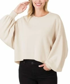 42POPS | Sand Beige Crewneck Puff-Sleeve Crop Sweatshirt - Women