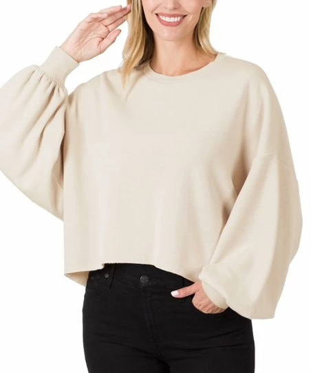 42POPS | Sand Beige Crewneck Puff-Sleeve Crop Sweatshirt - Women