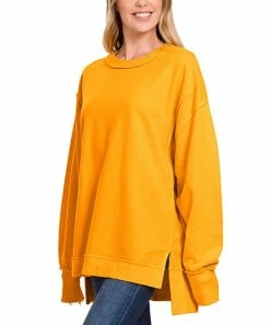 42POPS | Yellow Gold Exposed-Seam Crewneck Long-Sleeve Hi-Low Sweatshirt - Women